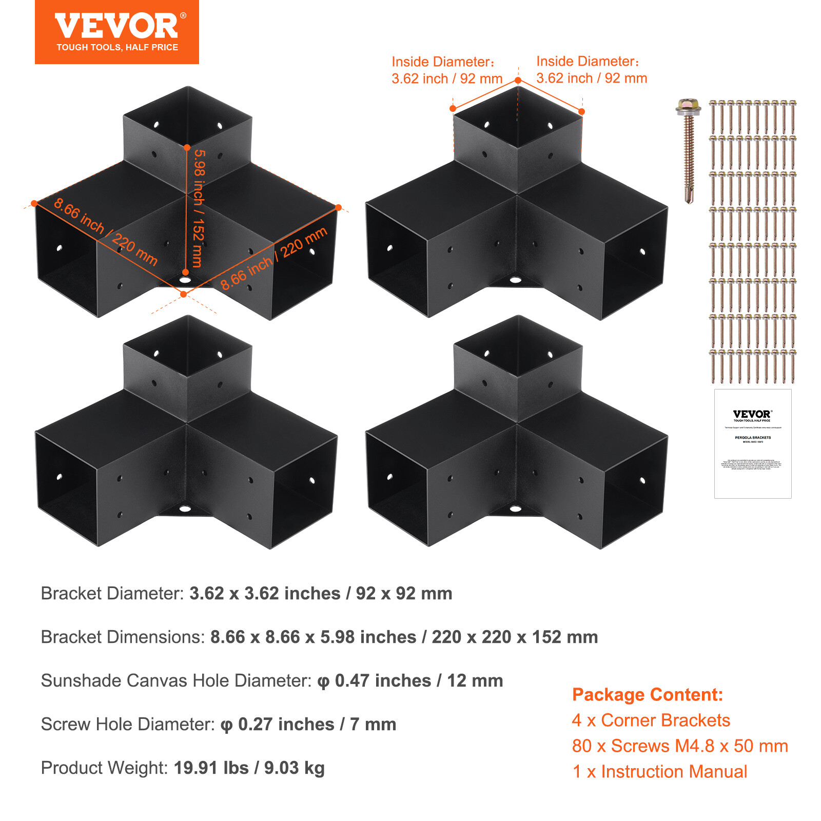 VEVOR 4''x4'' Pergola Bracket Kit 3-Way Woodworks DIY Post for Gazebos 4 pcs