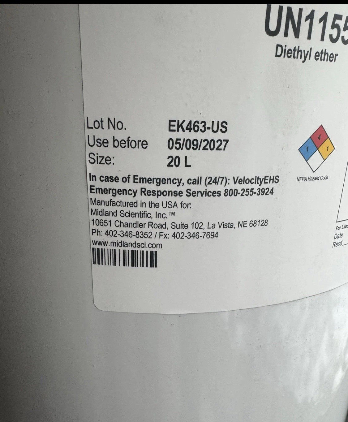 Ethyl Ether ACS Anhydrous E0026-20L . New Sealed Metal Can