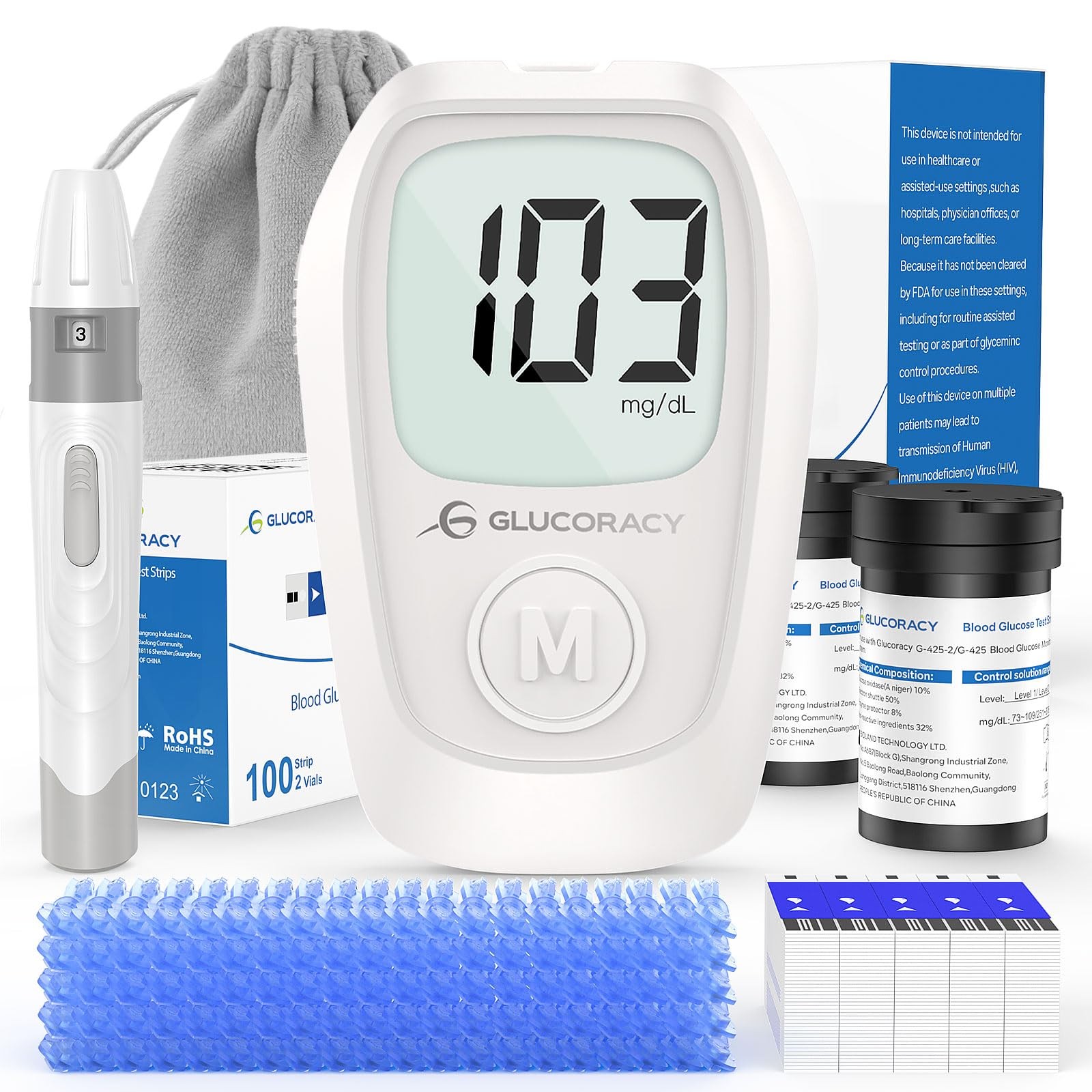 Glucoracy G-425 Glucose Monitor Kit, Blood Sugar with 100 Test Strips