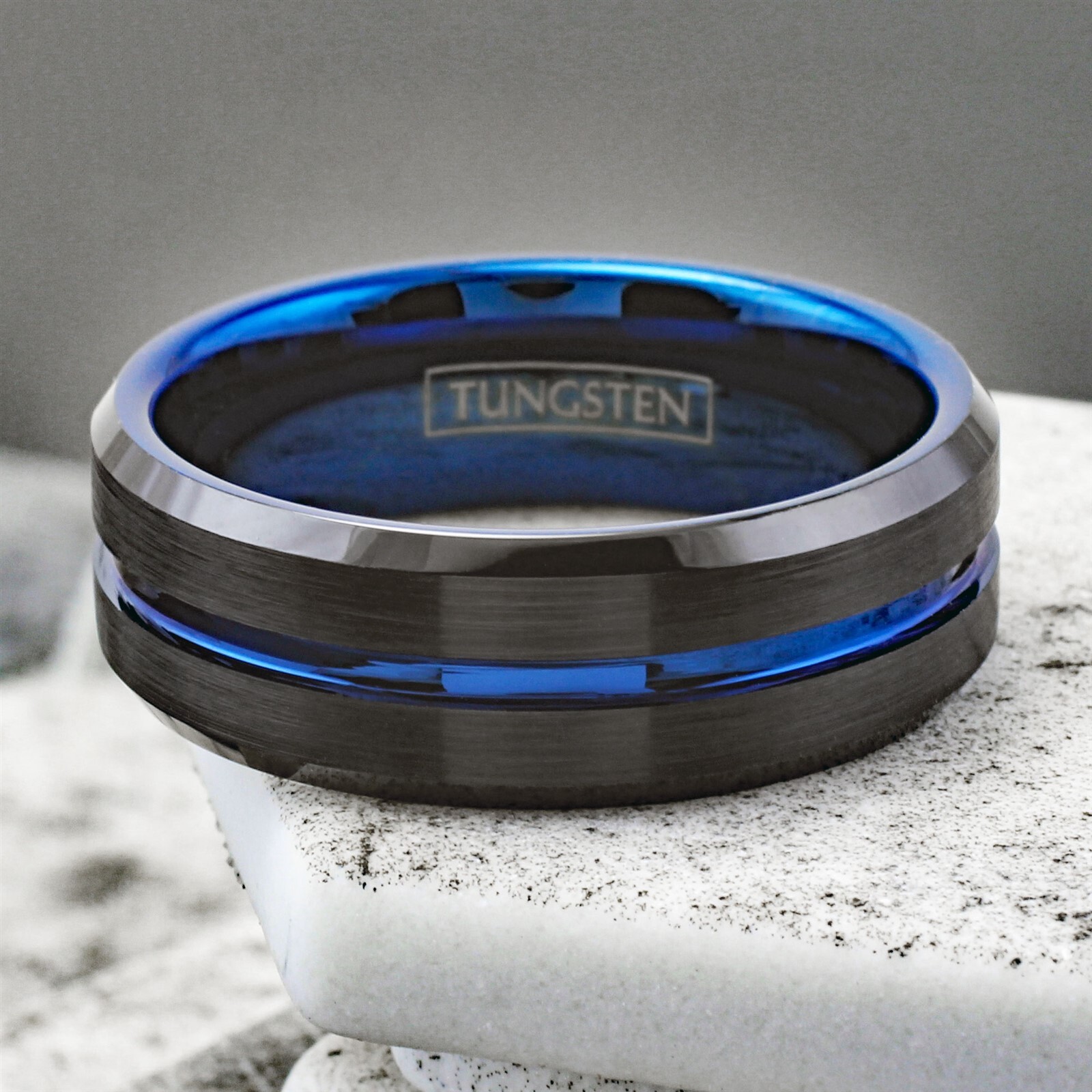 6/8mm Tungsten Carbide Men's Ring Thin Blue Line Black Brushed Wedding Band