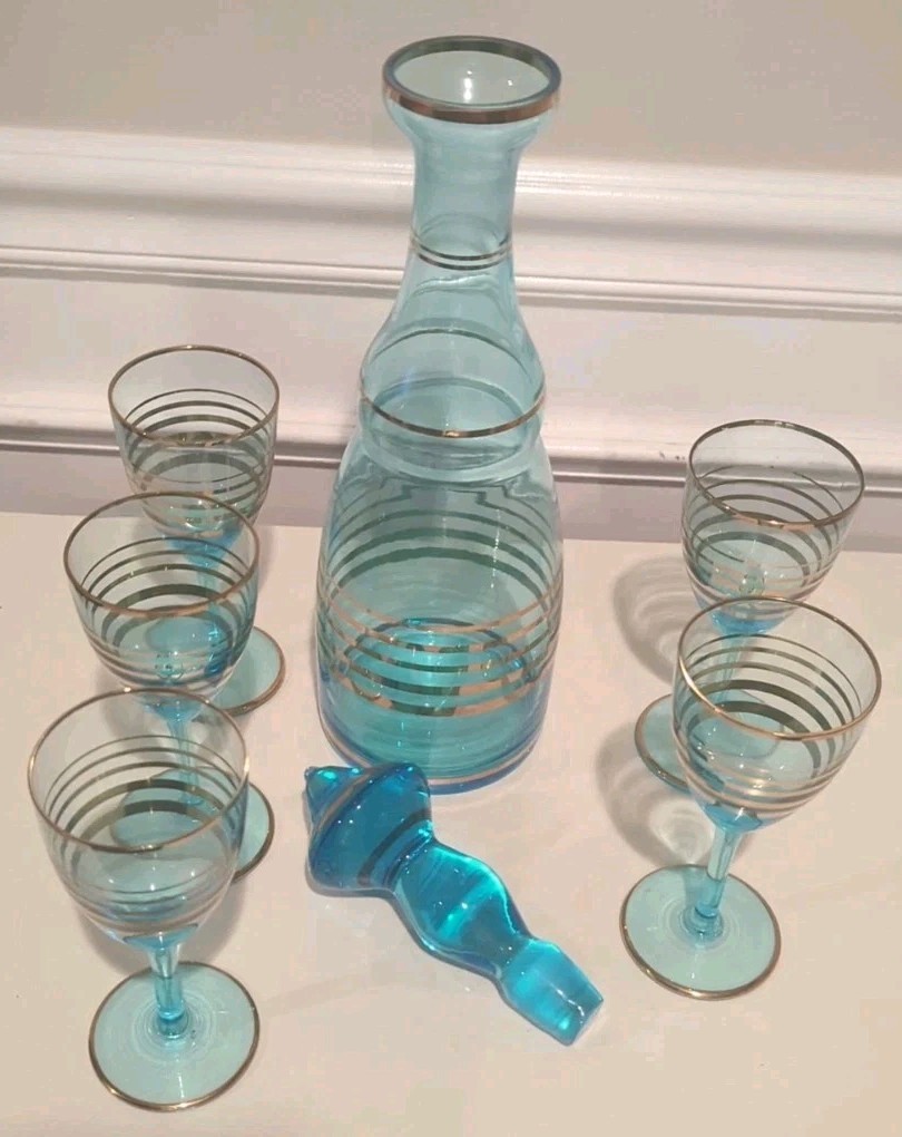 MCM Vintage Teal Blue & Gold Romanian Glass Decanter 4 Cordial Glasses 7 pc Set