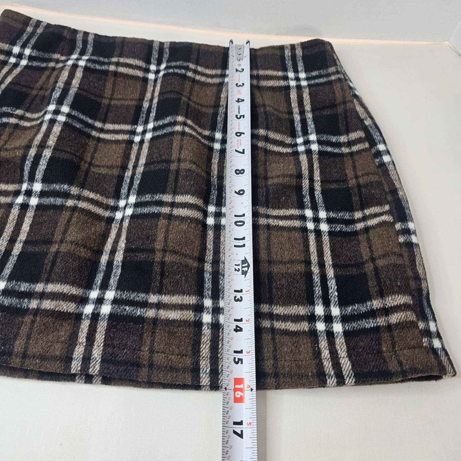 Women Plaid Mini Skirt Brown Black Wool Blend Autumn Size L Side Zip