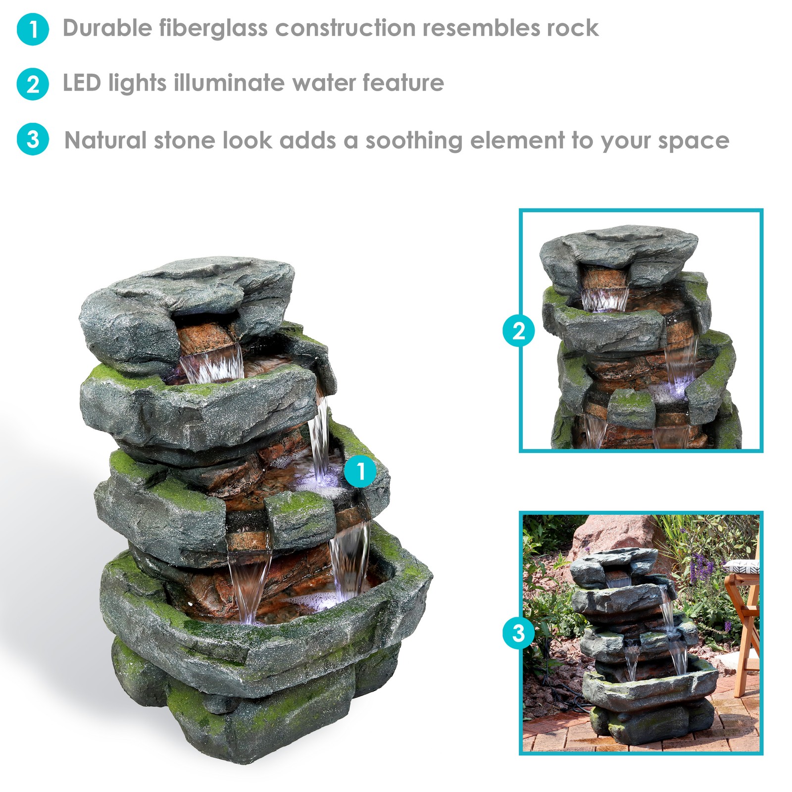 Electric Tiered Stone Waterfall Fountain with LED Lights - 23 in by Sunnydaze
