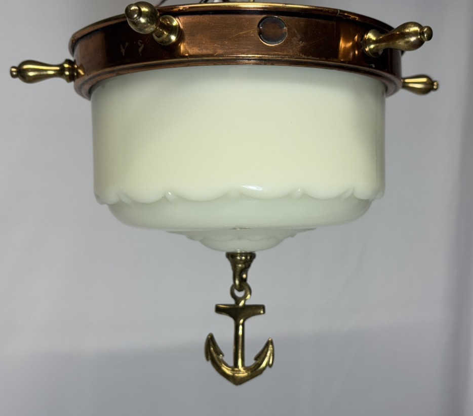 Vtg Nautical Light Fixture MCM Brass Anchor Closet Custard Art Glass Shade #L60