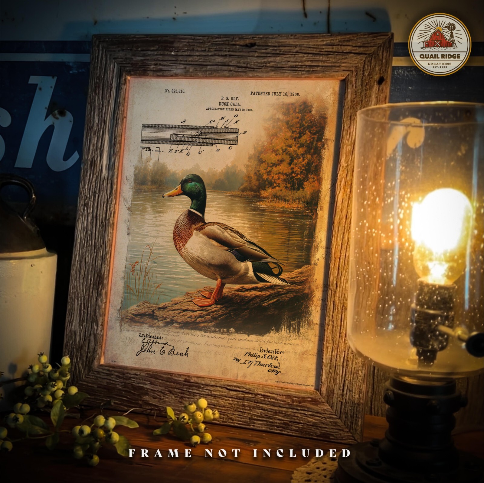 Vintage Duck Hunting Call Patent Art Print Mallard Duck Decoy Cabin Wall Decor