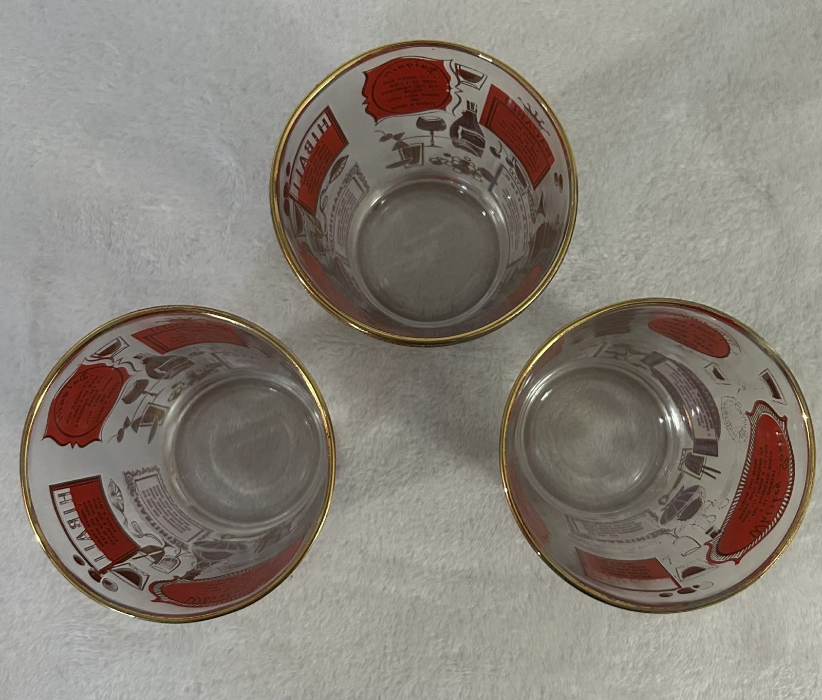 3 Vintage Jeannette Glass MCM Cocktail Recipes, Red/Gold 1950-1960s