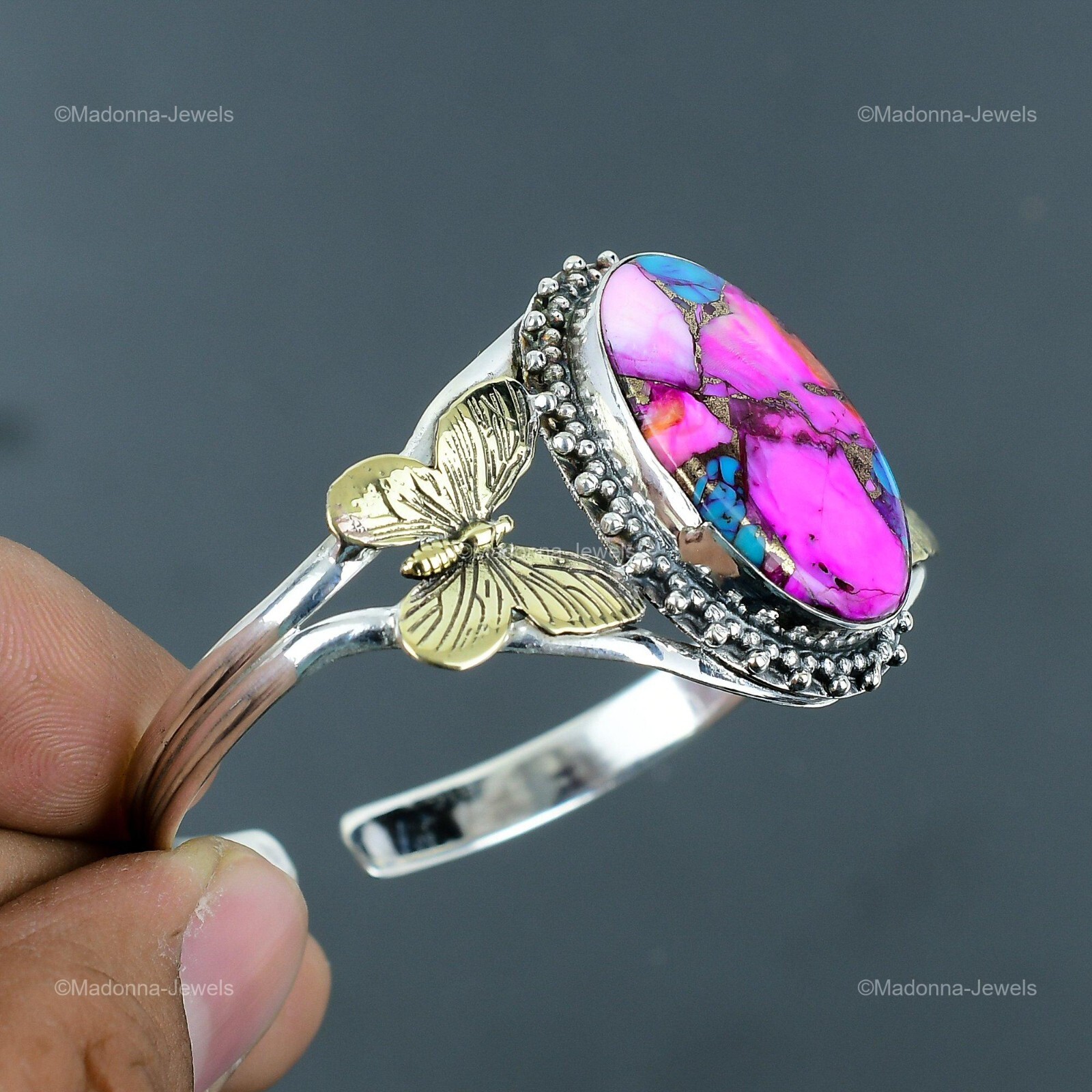 Sterling Silver Natural Kingman Pink Dahlia Turquoise Gemstone Bangle Jewelry