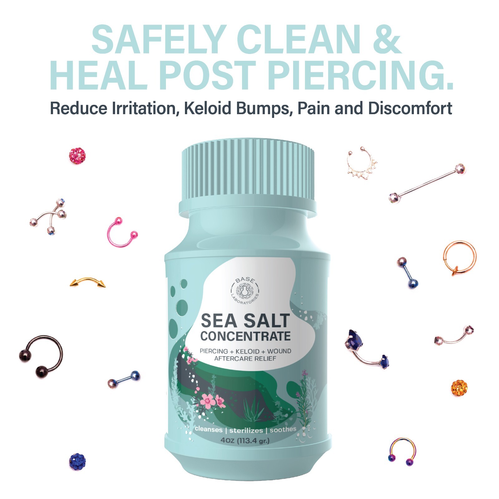 Base Labs Sea Salt Wash For Piercing Aftercare | 4oz | Cleanses & Soothes