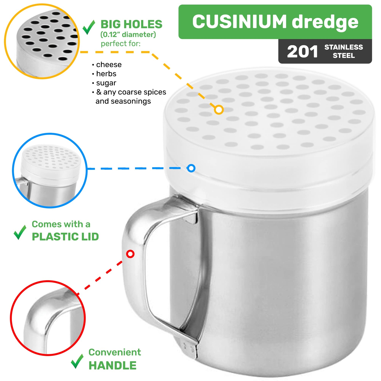 3 Pack Stainless Steel Dredge Shaker Powder Sugar Shaker Duster w/ Handle, 10oz