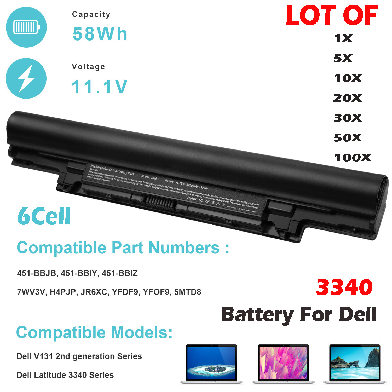 🧡LOT Battery For Dell Latitude 3340 3350 YFDF9 5MTD8 JR6XC 11.1V 5200mAh 6Cell