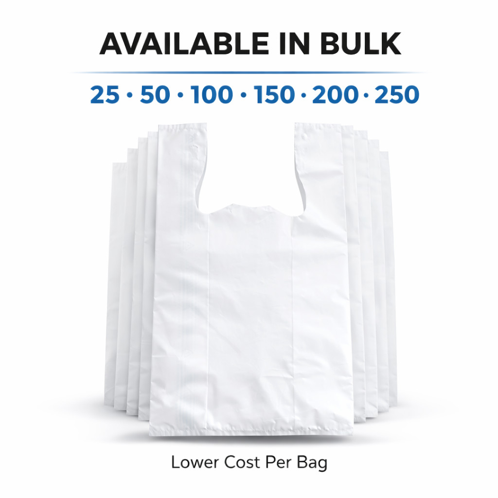 2.25 Mil Reusable Grocery White T-Shirt Bags 12x7x20 Extra Heavy Duty
