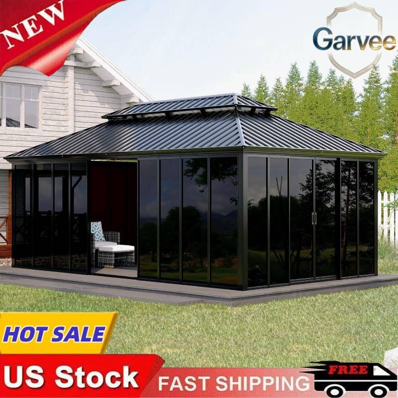 All-Aluminum Hardtop Gazebo 12x20 ft Enclosed Sunroom w/ Sliding Doors Patio