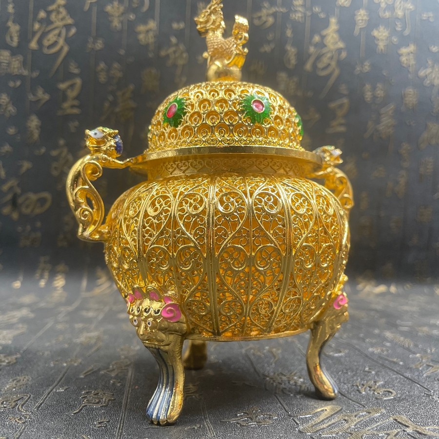 Old Chinese Bronze Tripod Kirin Censer Filigree Openwork Incense Burner