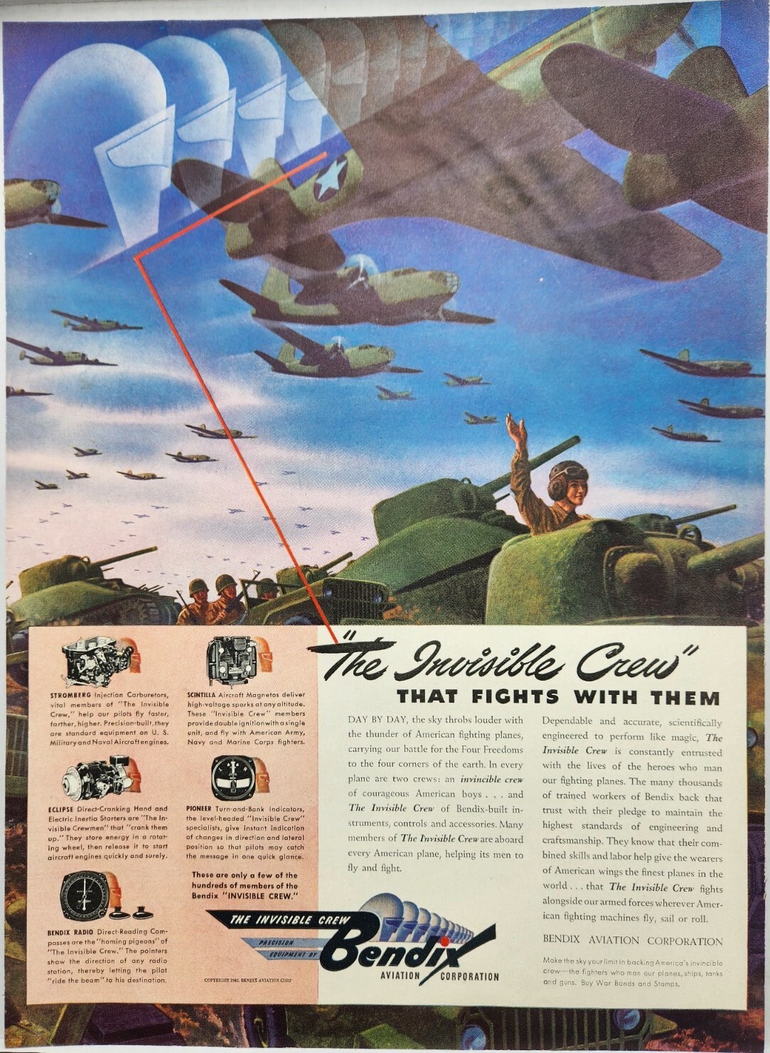 1942 Bendix Aviation Airplane Tanks "The "Invisible Crew" WWII Era Print Life