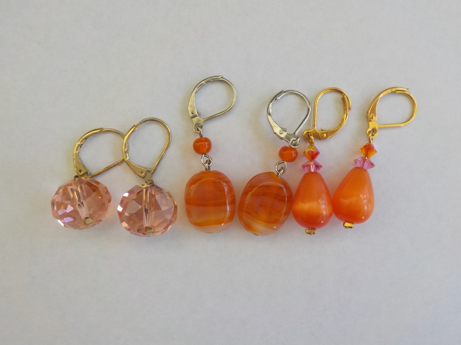 Earrings Pierced 3 Pair Dangle Drop Glass Stone Metal Orange Pink Lever Back
