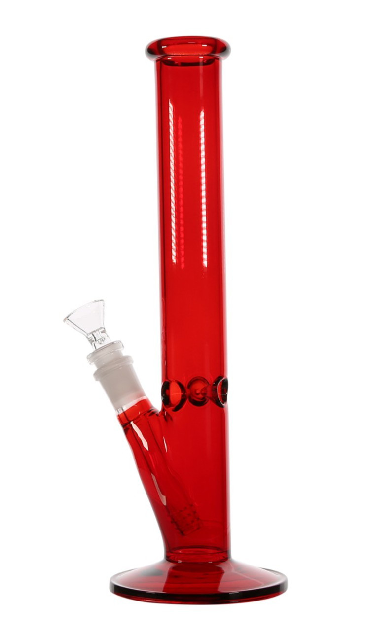 12” Neon Red Straight Tube Glass Water Pipe Hand Painted + 14mm Bowl Downstem
