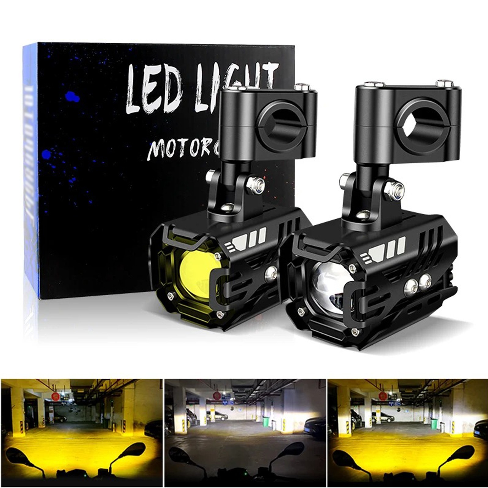 Motorcycle Headlight Driving Fog Lamp 2x LED Spot Light Auxiliary White+Yellow