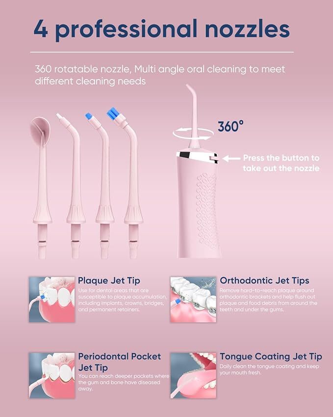 MySmile LP211 Cordless Water Dental Flosser Oral Irrigator 5 Modes 8 Tips Pink