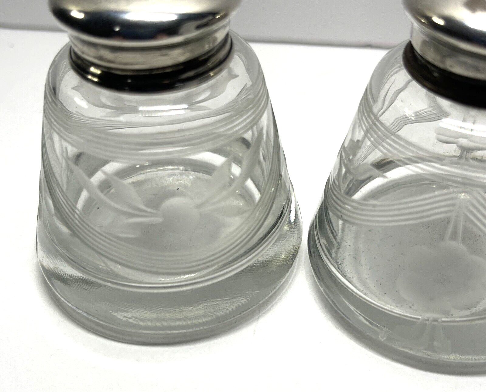 Etched Hand-Blown Glass Salt & Pepper Shaker Set Sterling Silver Tops - Vintage