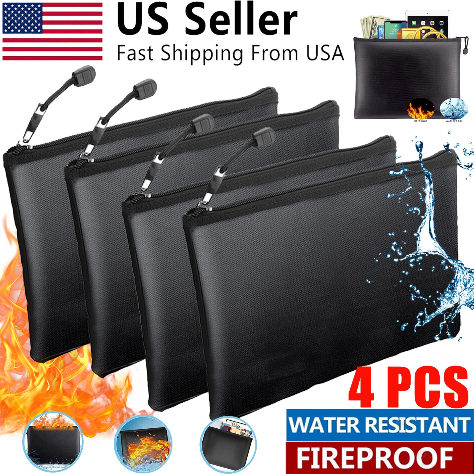 4 PACK 2000℉ Fire Proof money Bag Fireproof Document Pouch Waterproof Safe Cash