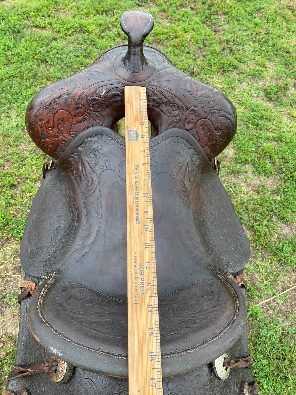 Antique Heiser Denver tooled leather 16 " slick seat wide fork Western saddle