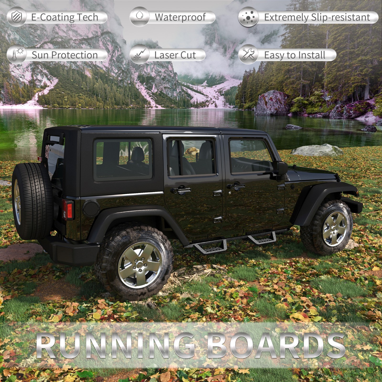 Running Boards For 07-18 Jeep Wrangler JK 4 Doors Black Powder Coated Side Steps