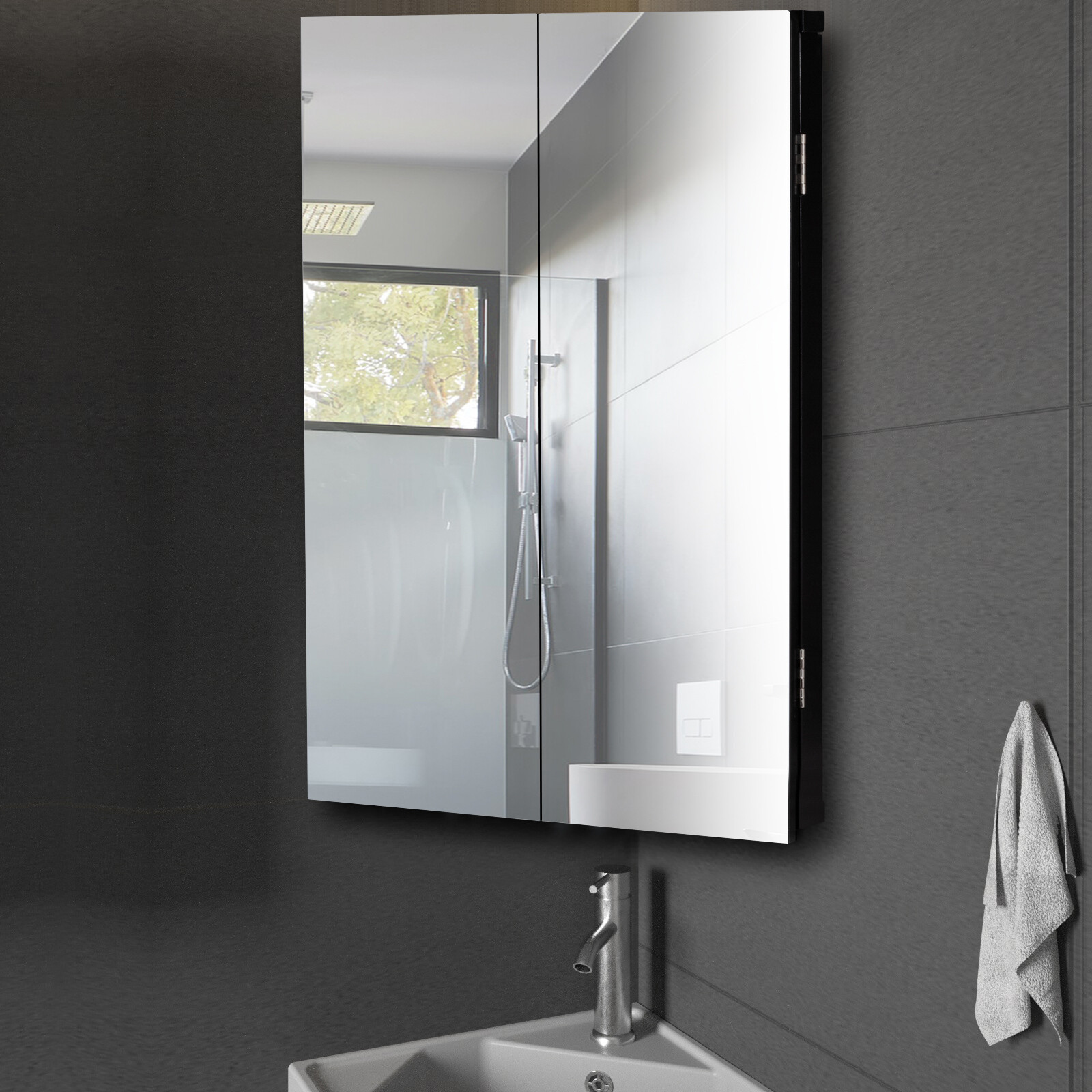 Corner Medicine Cabinet Bathroom Glass Mirrored Double Door Storage Wall Mount