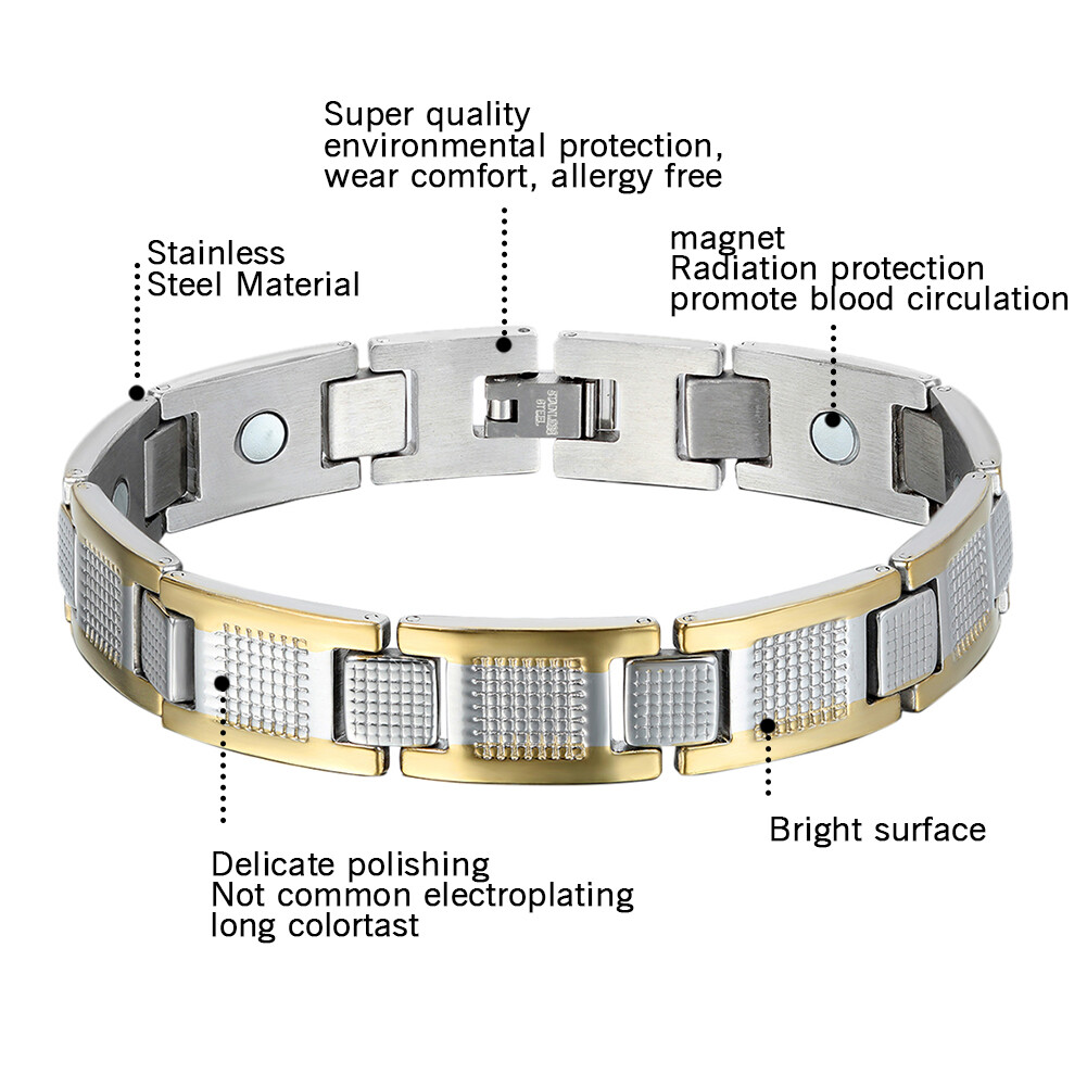 Silver Gold Two Tone Stainless Steel Link Men's Golf Therapy Magnetic Bracelet