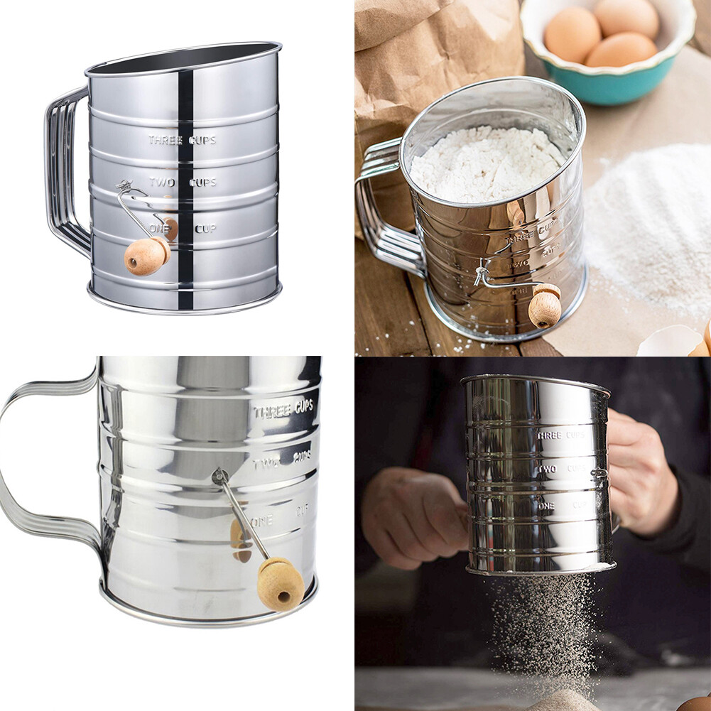 US 1 Pc Stainless Steel Flour Sifter Fine Mesh Rotary Hand Crank Wire Agitator