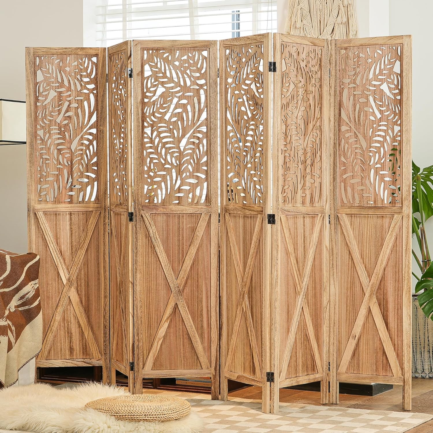 Boho Room Divider with Leaves Carving, 4/6-Panel Openwork Wood Screen