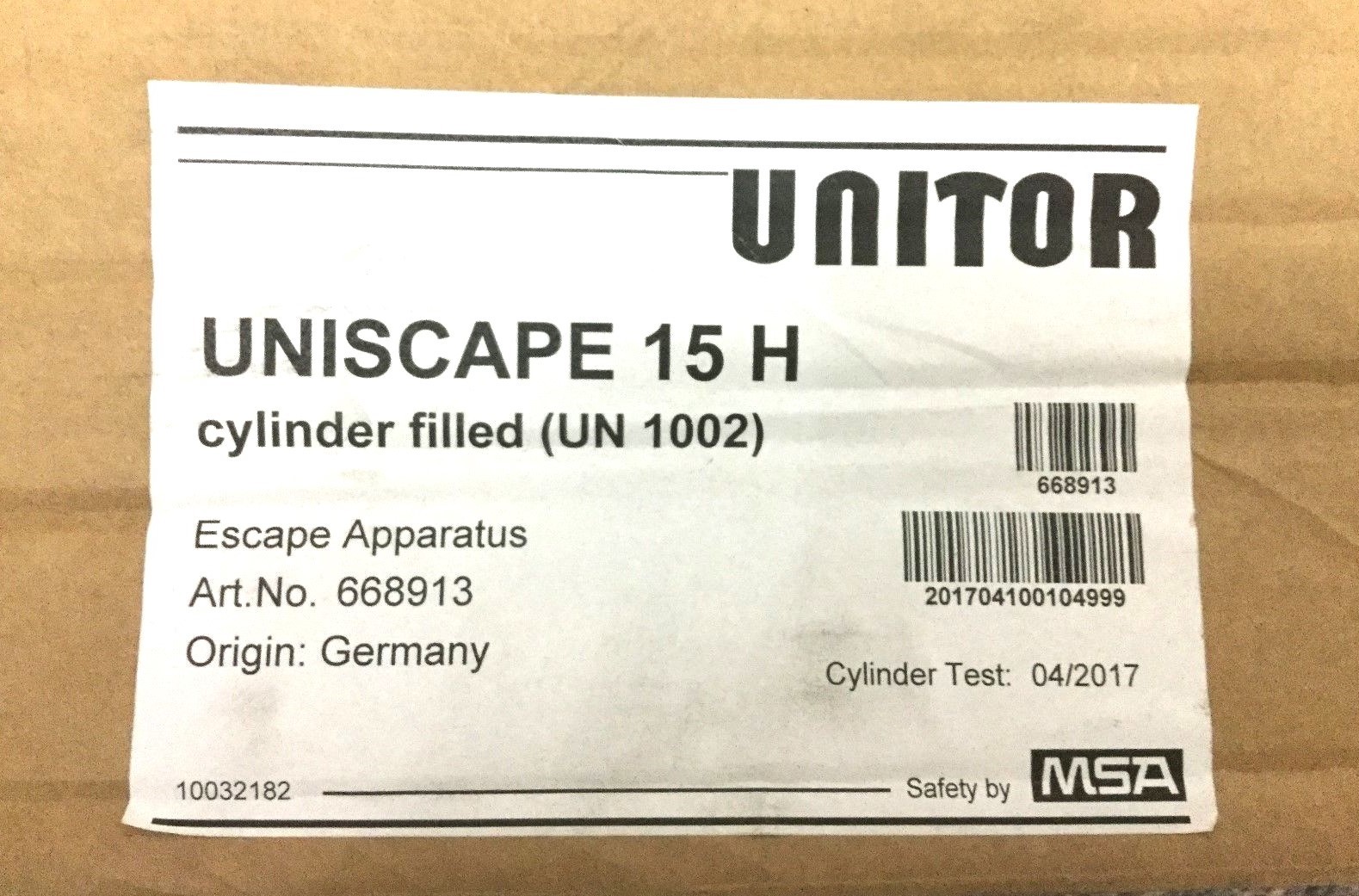Unitor Uniscape 15H EEBD MSA Emergency Escape Breathing Device Tank Mask 104999