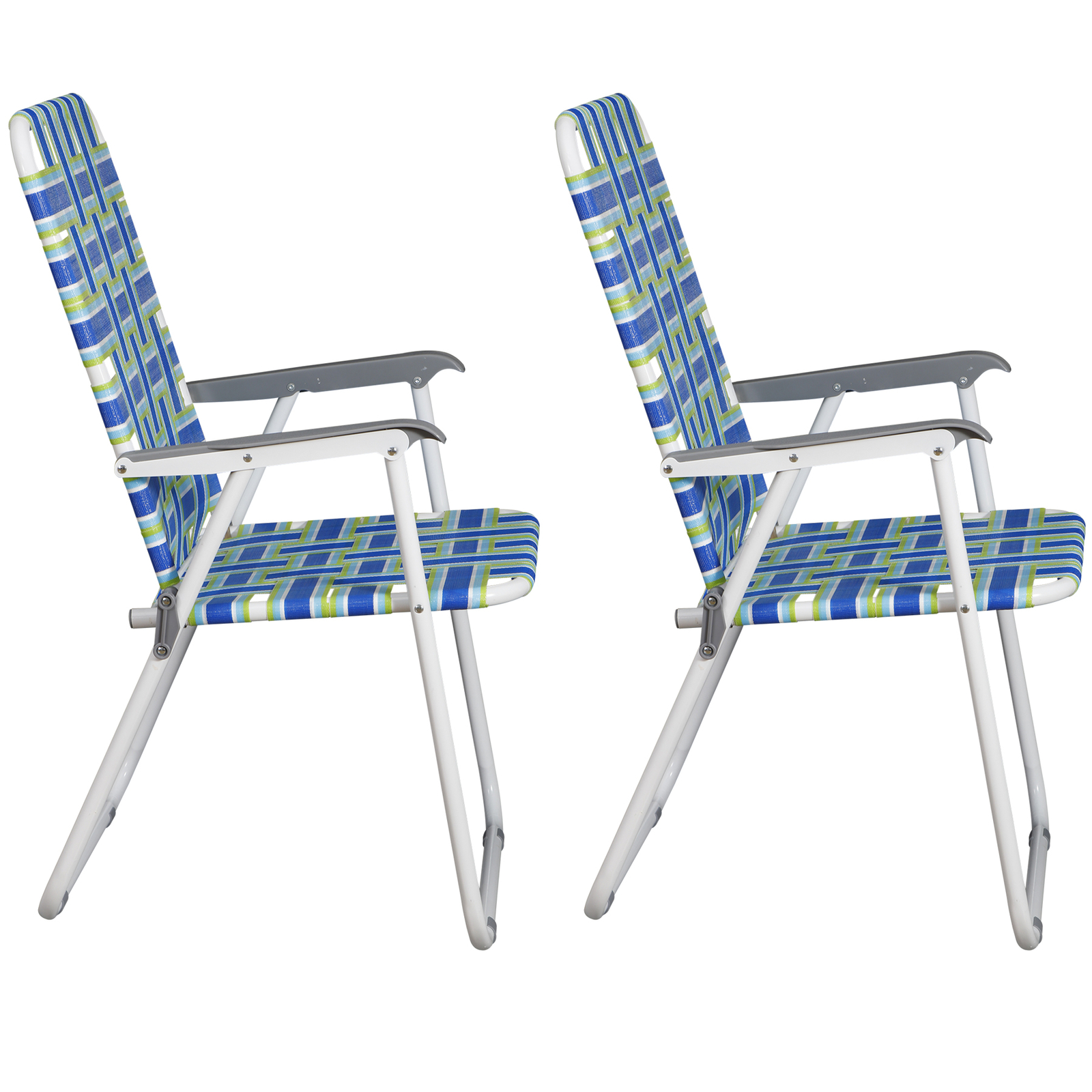 Metal Frame Blue Beach Chairs Set of 2 Webbed Folding Patio Lawn Camping Chairs