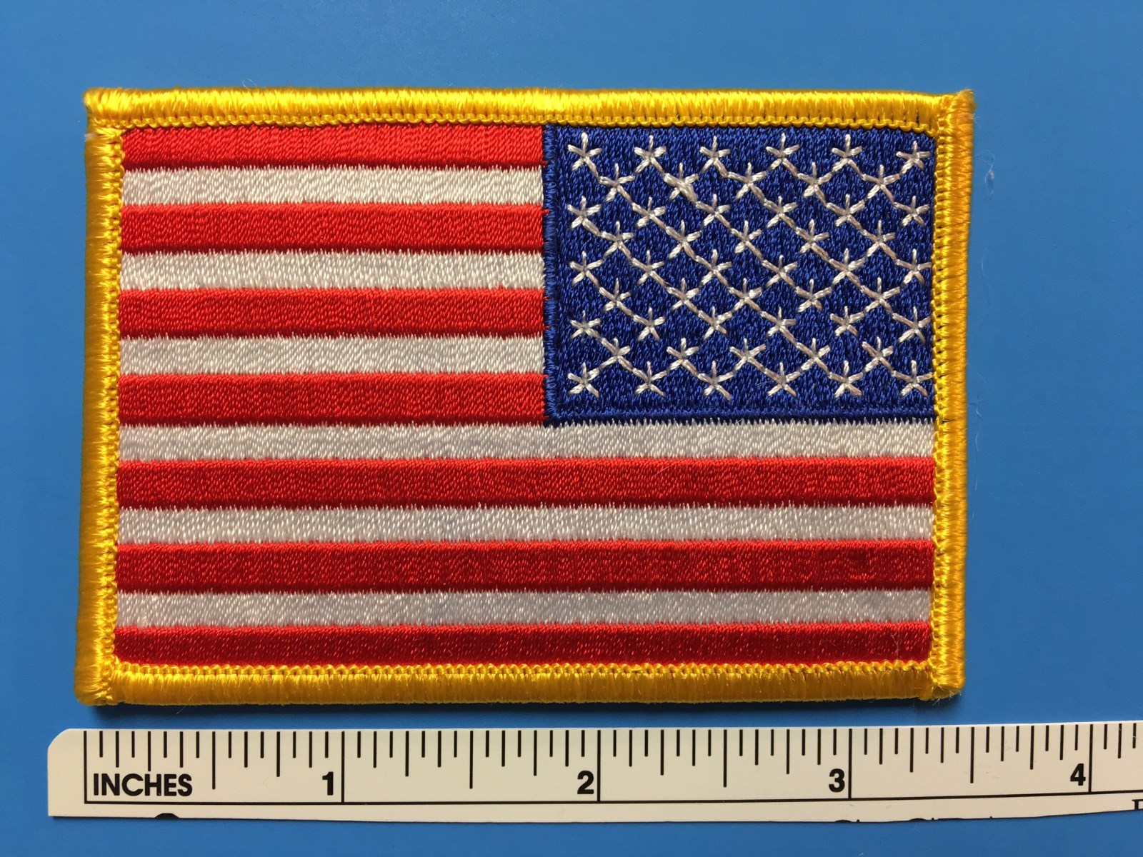 REVERSE USA AMERICAN FLAG EMBROIDERED PATCH IRON-ON SEW-ON GOLD BORDER(3½ x 2¼”)