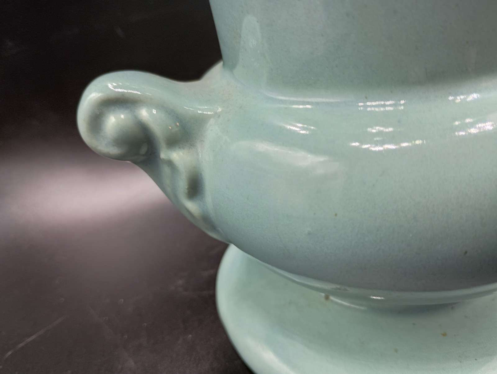 Vintage Pottery Vase Turquoise 9 1/4" H HAEGAR USA Scroll Handle Urn Footed Nice