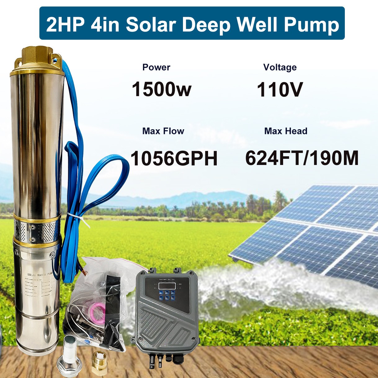 2HP DC 110V 4" Solar Pump Submersible Pump Bore Deep Well Pump+MPPT Controller