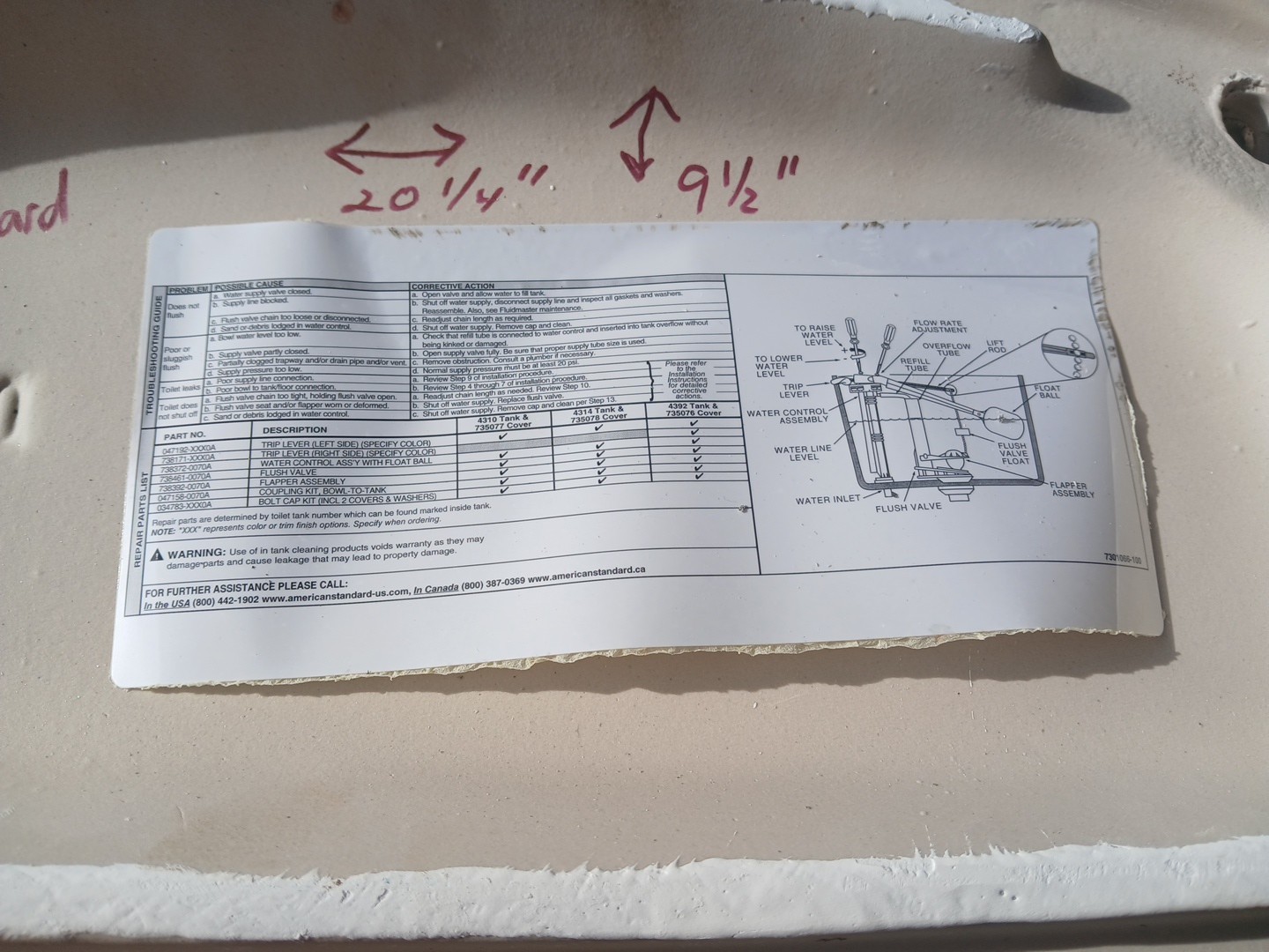AMERICAN STANDARD WHITE TOILET TANK LID