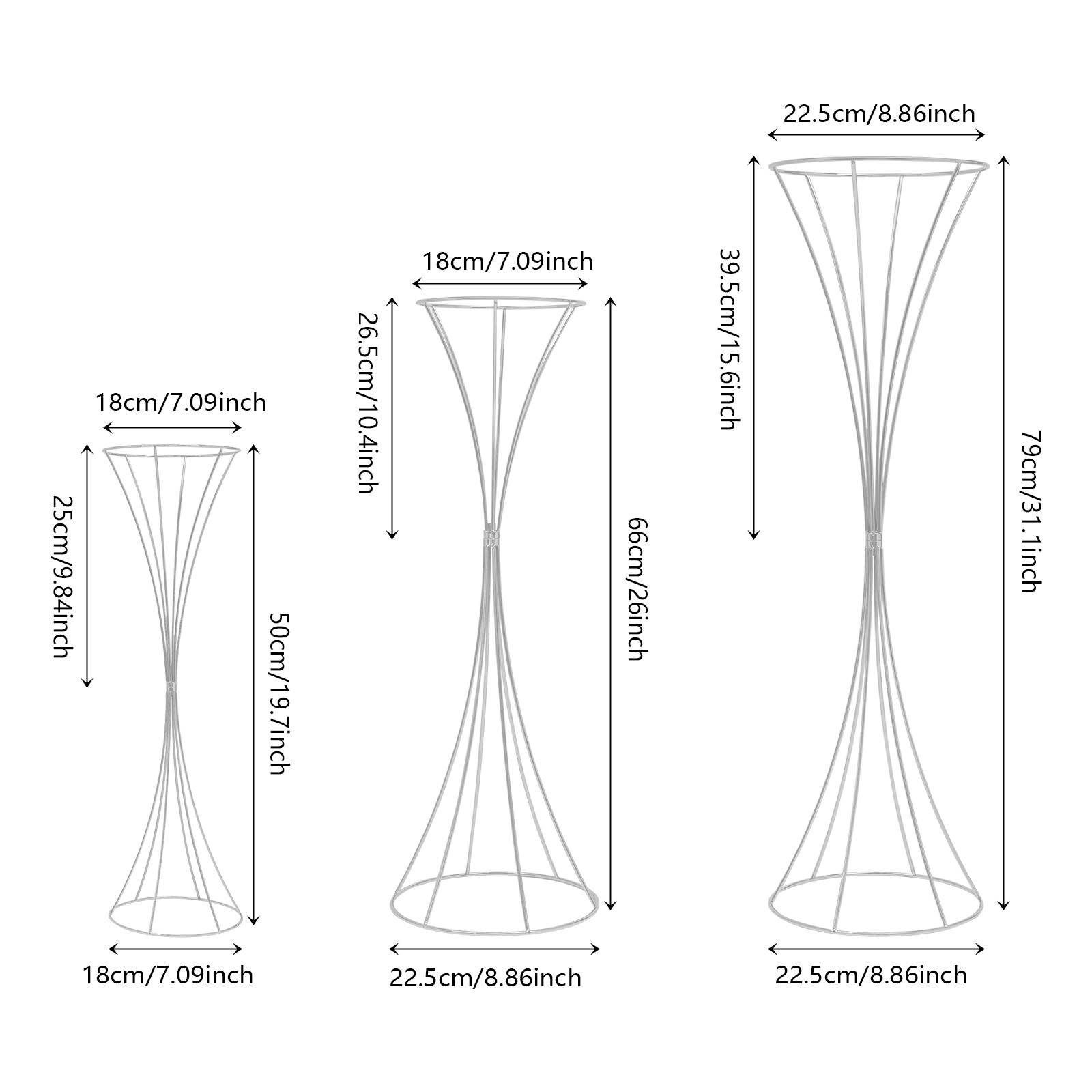 3pcs Modern Flower Stands Hourglass Shape Flower Stand Iron For Party Silver New