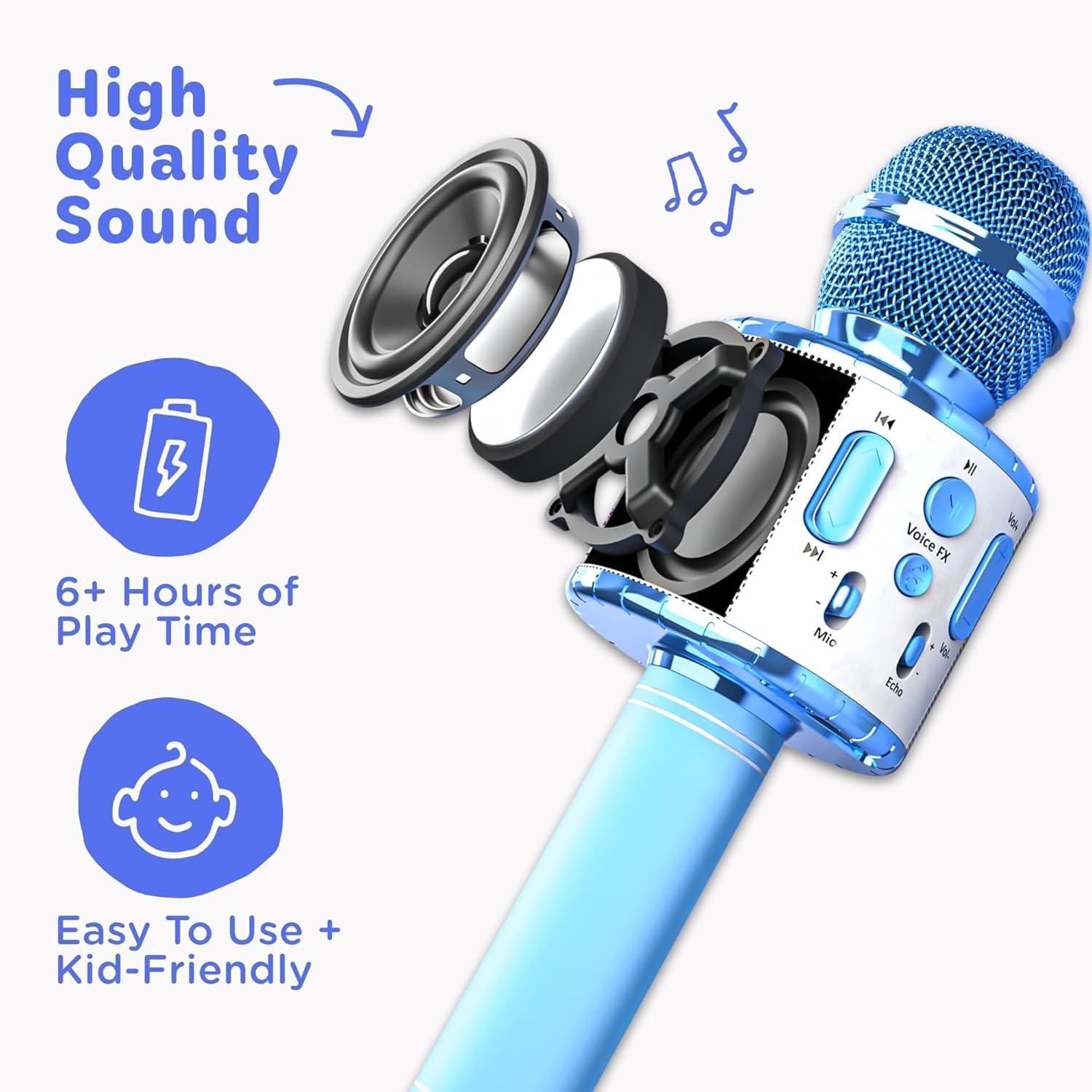 Wireless Bluetooth Karaoke Microphone for Kids, 5-in-1 Portable Handheld Blue