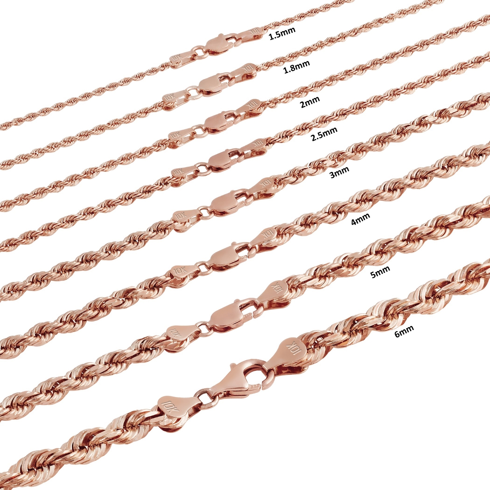 10K Rose Gold 1.5mm-6mm Diamond Cut Rope Chain Necklace Mens Womens 16"-30"