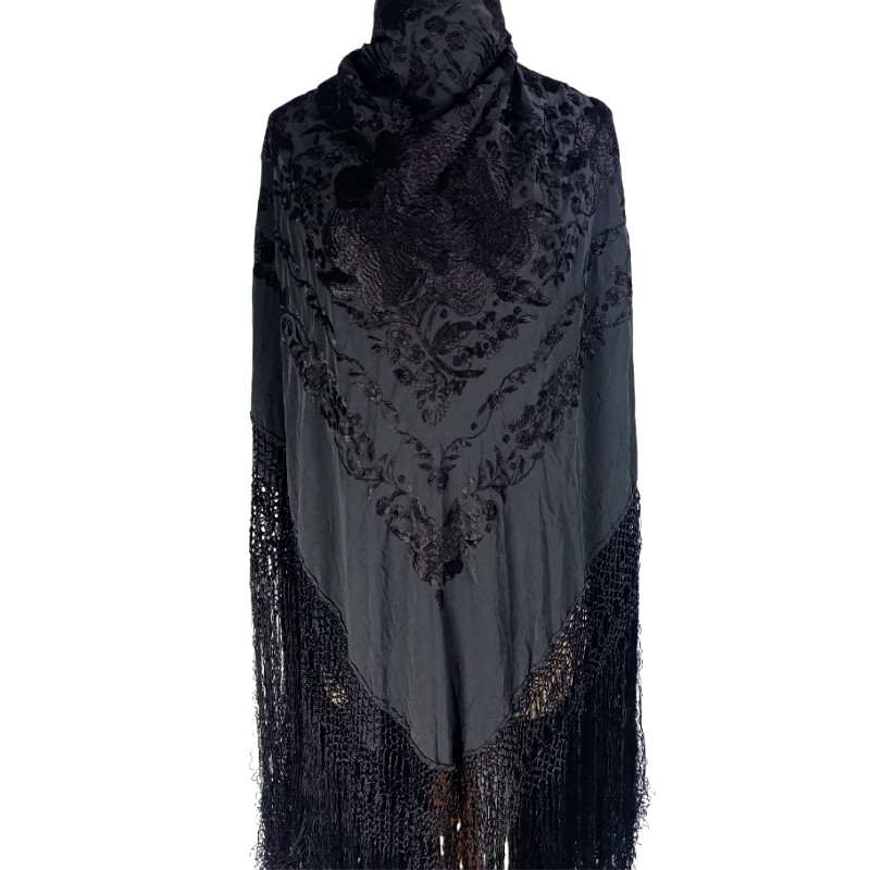 Antique Hand-Embroidered Silk Piano Shawl Wrap Floral Fringe 51" Vintage Luxury