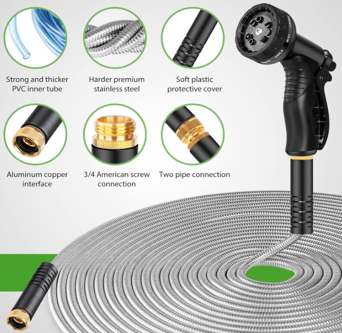 Manguera acero 100 ft, resistente, sin nudos, con boquilla 10 funciones, Nuevo