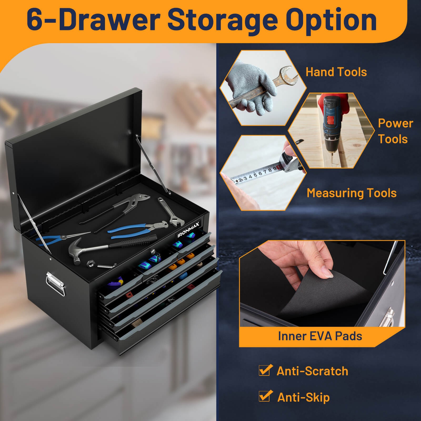 24" Tool Chest Case Steel Tool Box w/ 6 Drawers Top Storage Automatic Lock