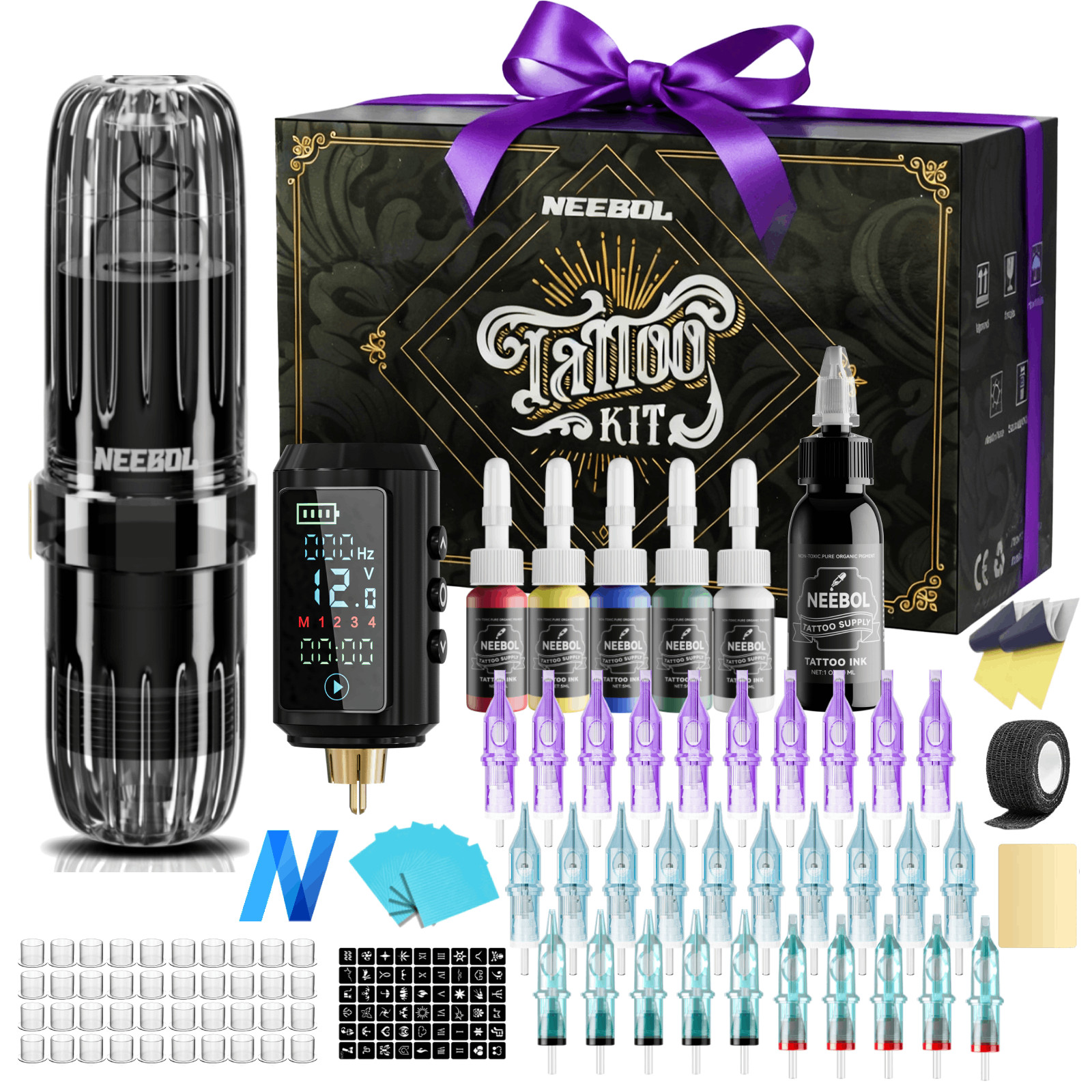 Complete Tattoo Pen Kit Wireless Tattoo Gun with Needles Ink Tattoo SupplyPurpl