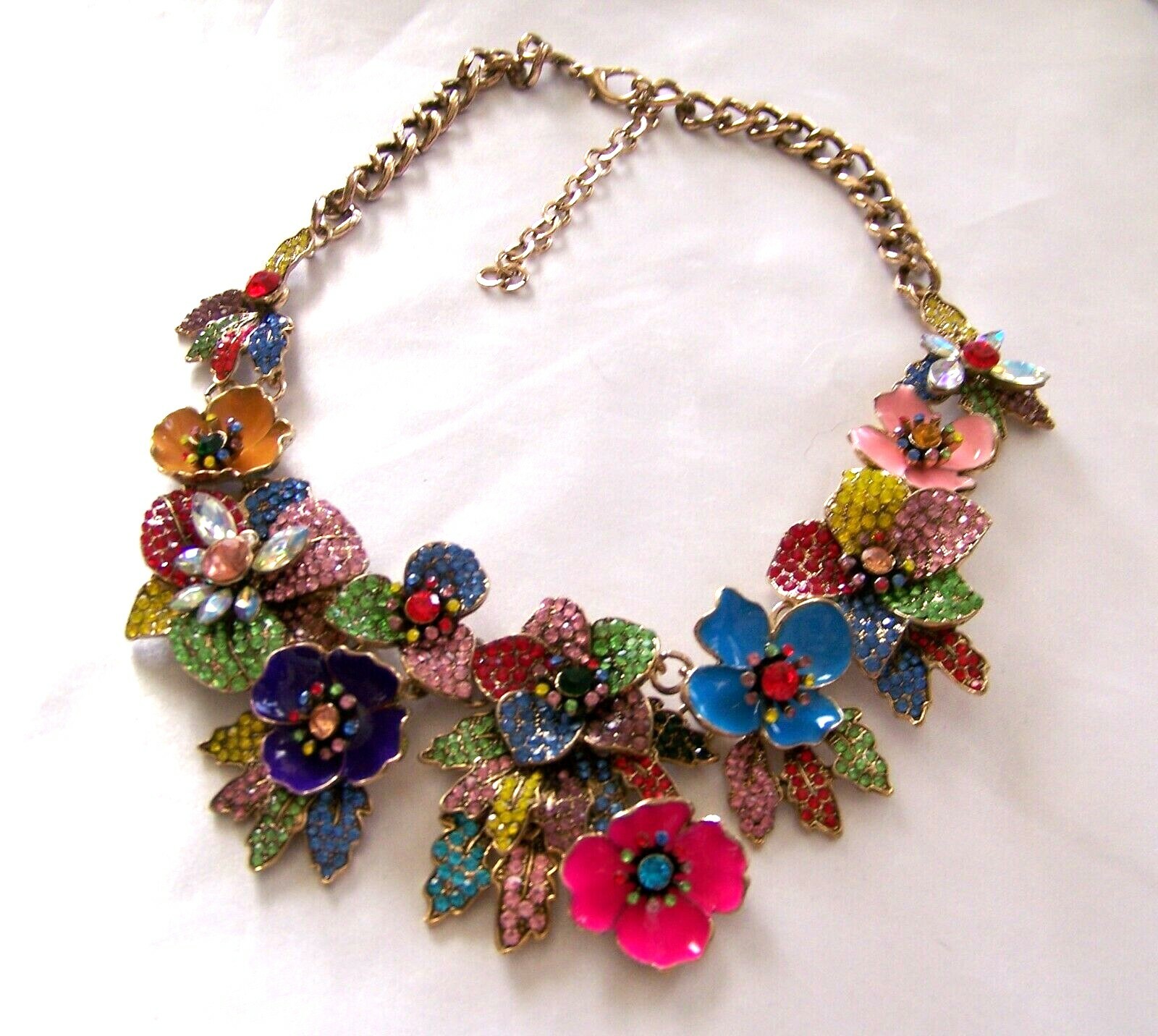 VALENTINE FLORAL BOUQUET VTG Style Pave Rhinestone Enamel Bib Necklace