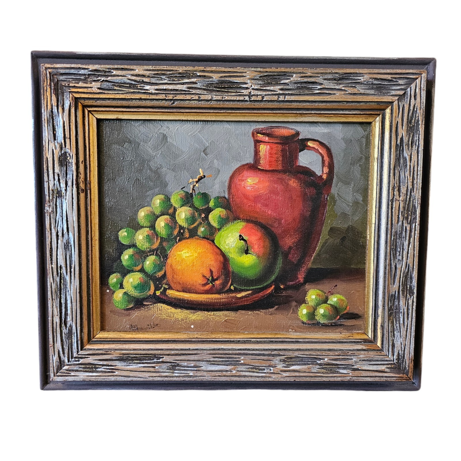 Vintage Still Life Fruit Bowl Oil Painting Apple Canvas Wood Frame Midcentury