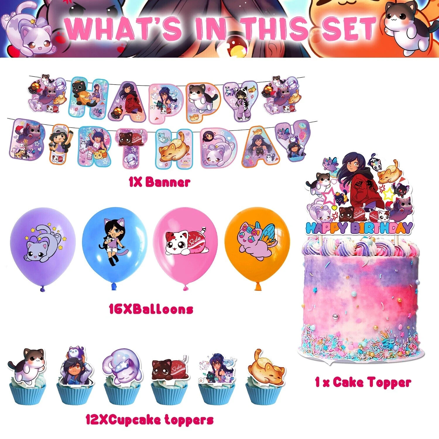 Aphmau Cat Theme Birthday Party Supplies Kit for Kids Decoration