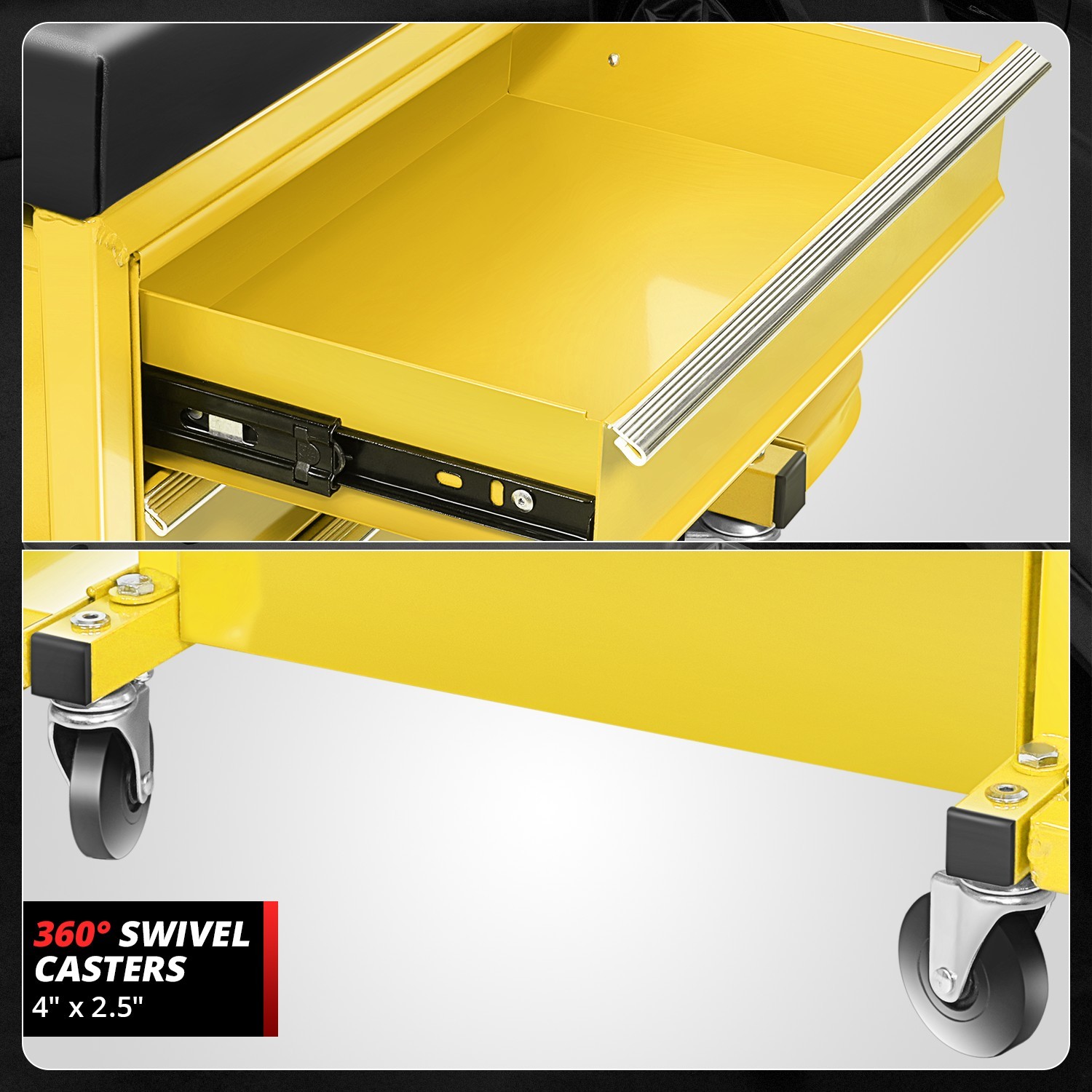 Mechanics Roller Work Seat w/ 3-Drawer Tool Box Storage Tray Padded Stool Yellow