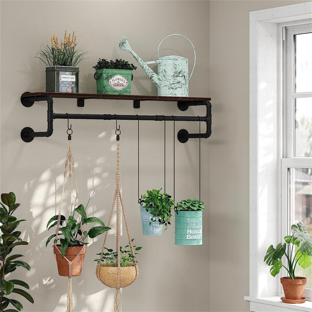 Clothes Rack w/ Top Shelf Industrial Pipe Wall Mounted Garment Rack Hanging Rail