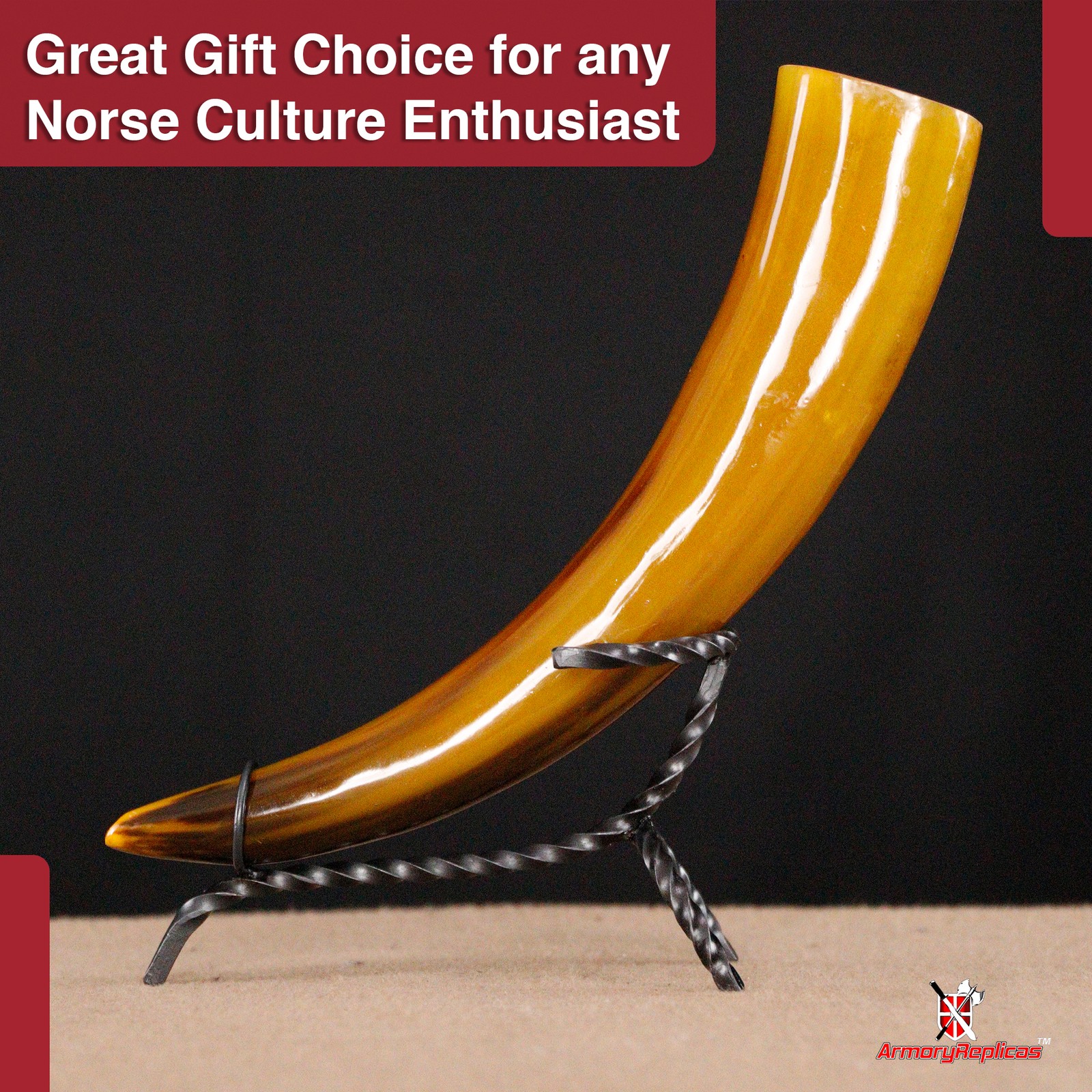 Tiger's Eye Viking Feasting Horn & Iron Stand - 12-18oz Authentic drinking Horn