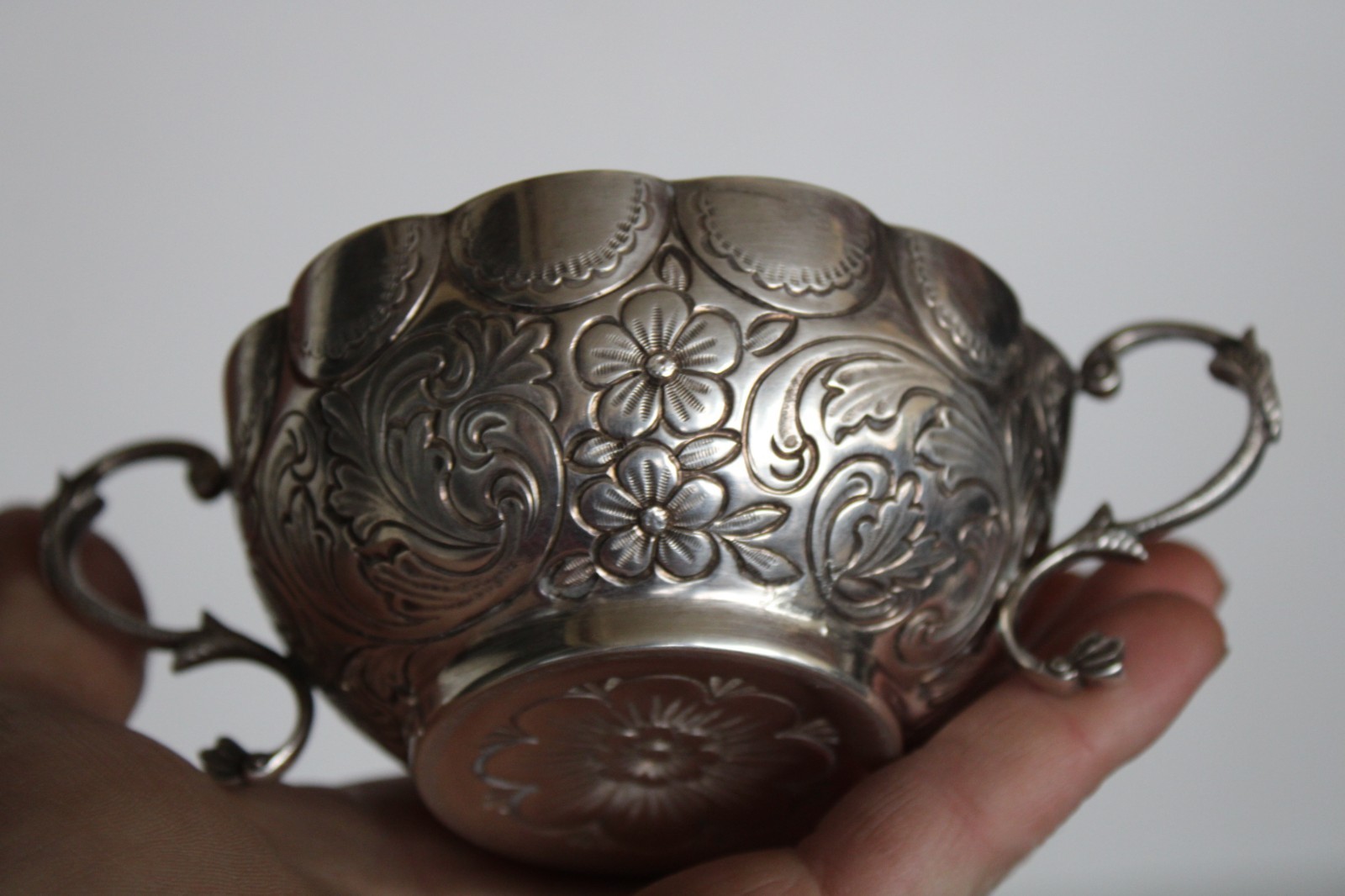 Antique 19th Century Silver Portuguese Bernegal Repousse Handled Religious Cup